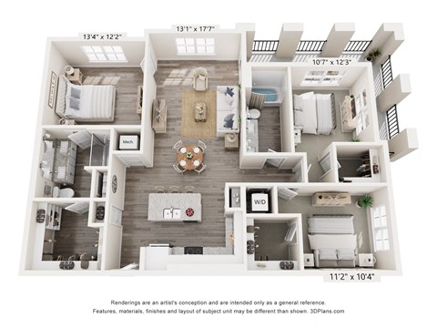 Floor plan for 3 beds, 2 baths, 1403 sqft